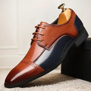 Men's Two-Tone Brogue Leather Lace-Up Oxfords, Formal Business Dress Shoes8176