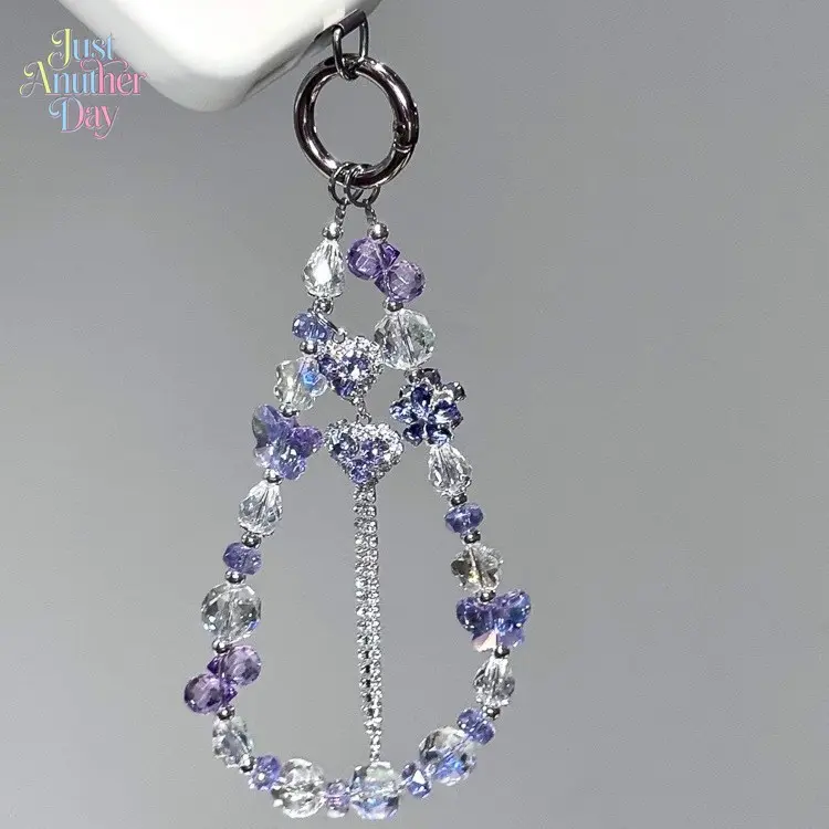 Purple Crystal Beaded Phone Charm - Sparkly Butterfly & Heart Design, Handmade Phone Strap Wristlet, Aesthetic Bag Keychain & Bracelet, Cute Y2K Accessory for Girls