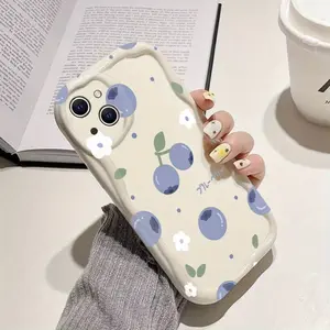 Cute Blueberry Japanese Blueberry Cream Wavy Edge Phone Case for iPhone 17 16 15 14 12 11 13 Pro Max Plus Pro Air Shockproof Camera Protection TPU Soft Durable Protective Casing