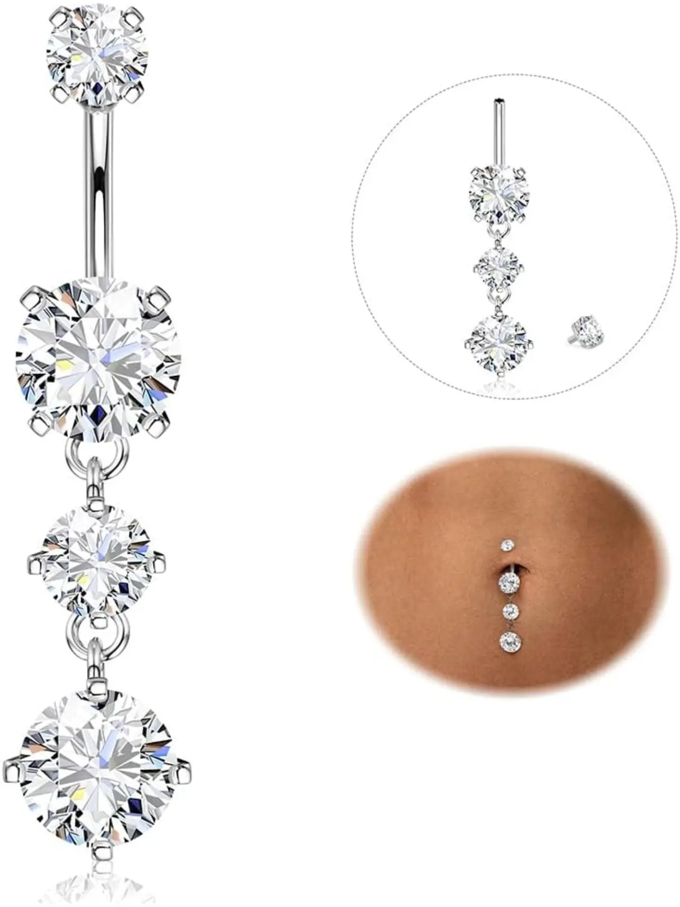 Titanium Belly Button Bars Silver Gold Belly Bar 14G CZ Dangly Belly Button Piercing Belly Rings Piercing Jewellery Heart Butterfly Teardrop Dangle Body Jewelry Navel Piercing Jewelry Body Piercings