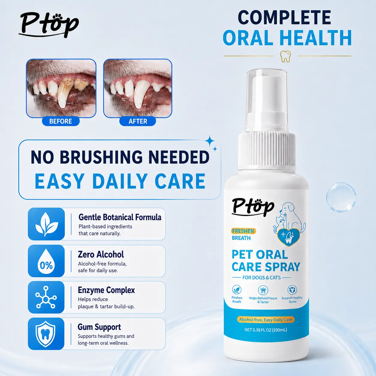 PTOP Pet Oral Care Spray for Dogs & Cats - Natural Daily Solution, Fresh Breath, Plaque Control, Gum Health Support
