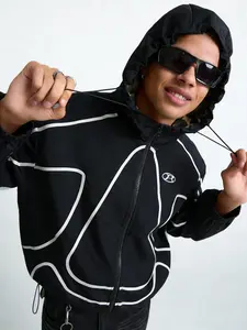 Men's Colorblock Zip Up Hooded Long Jacket, Casual Fall Winter Street Style Coat, Fitted Patchwork Design for Daily Wear