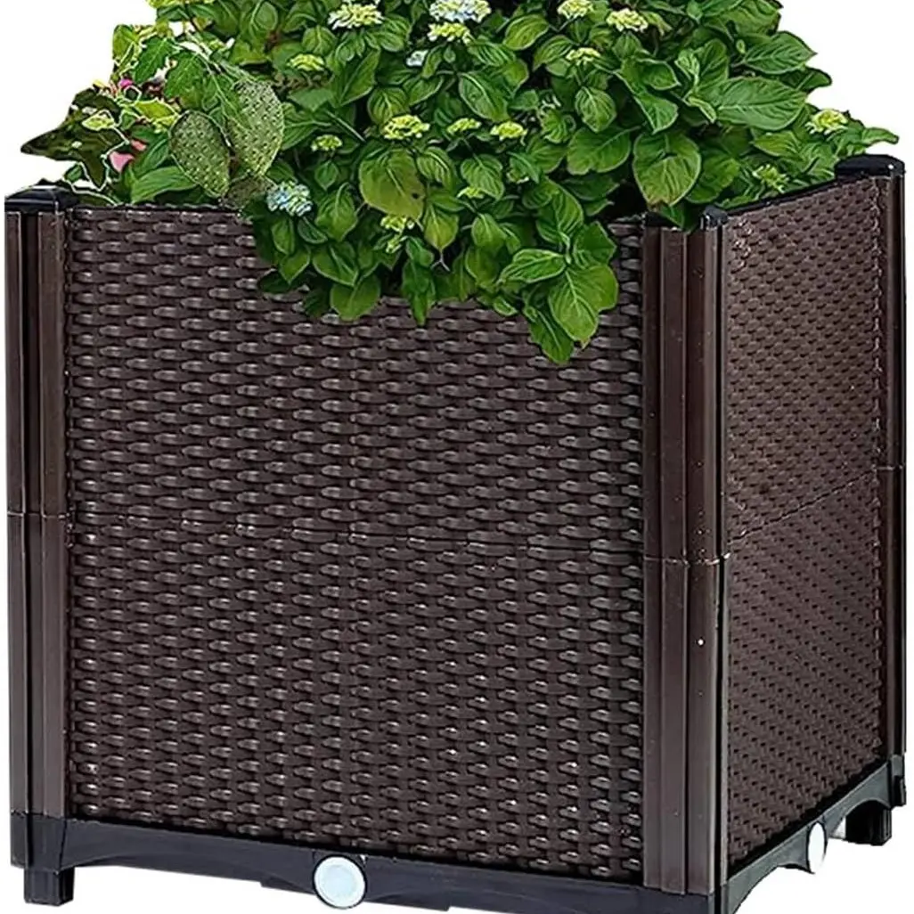 Heavy-Duty Self-Watering Raised Garden Bed - Elevated Planter Box with Breathable PP Rattan Walls, Auto Water Drainage, 2 Sizes, Easy-to-Assemble for Patio, Balcony Flowers, Vegetables