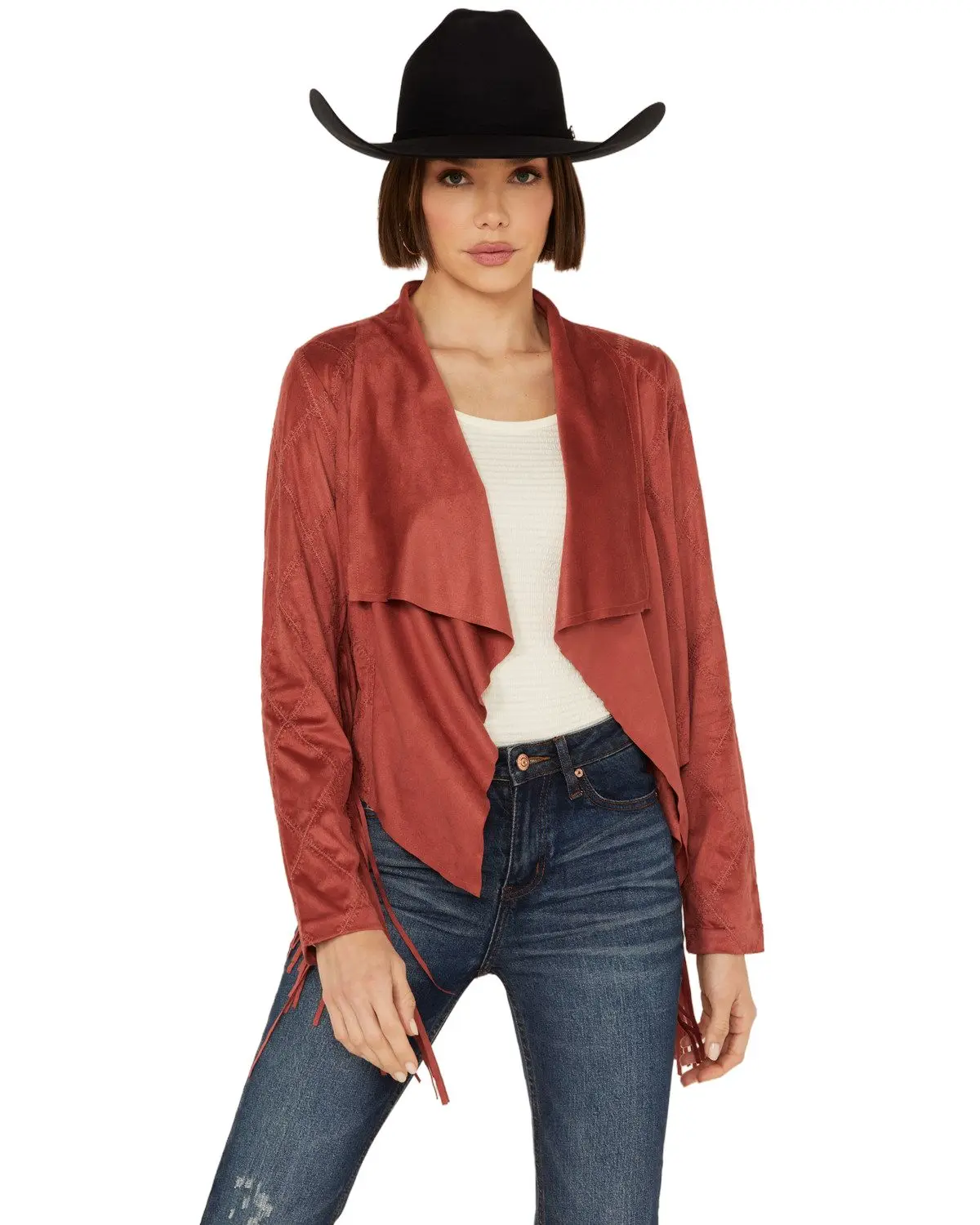 Shyanne Women's Women'S Open Front Faux Suede Fringe Jacket - Swsp24o30-Rucop