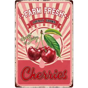 Farm Fresh Sweet Juicy Cherries Vintage Metal Tin Sign Retro Fruit Poster Decorative Wall Art Signage Farmhouse Country Market Kitchen Bar Cafe Dining Room Home Decor 12" X 8"