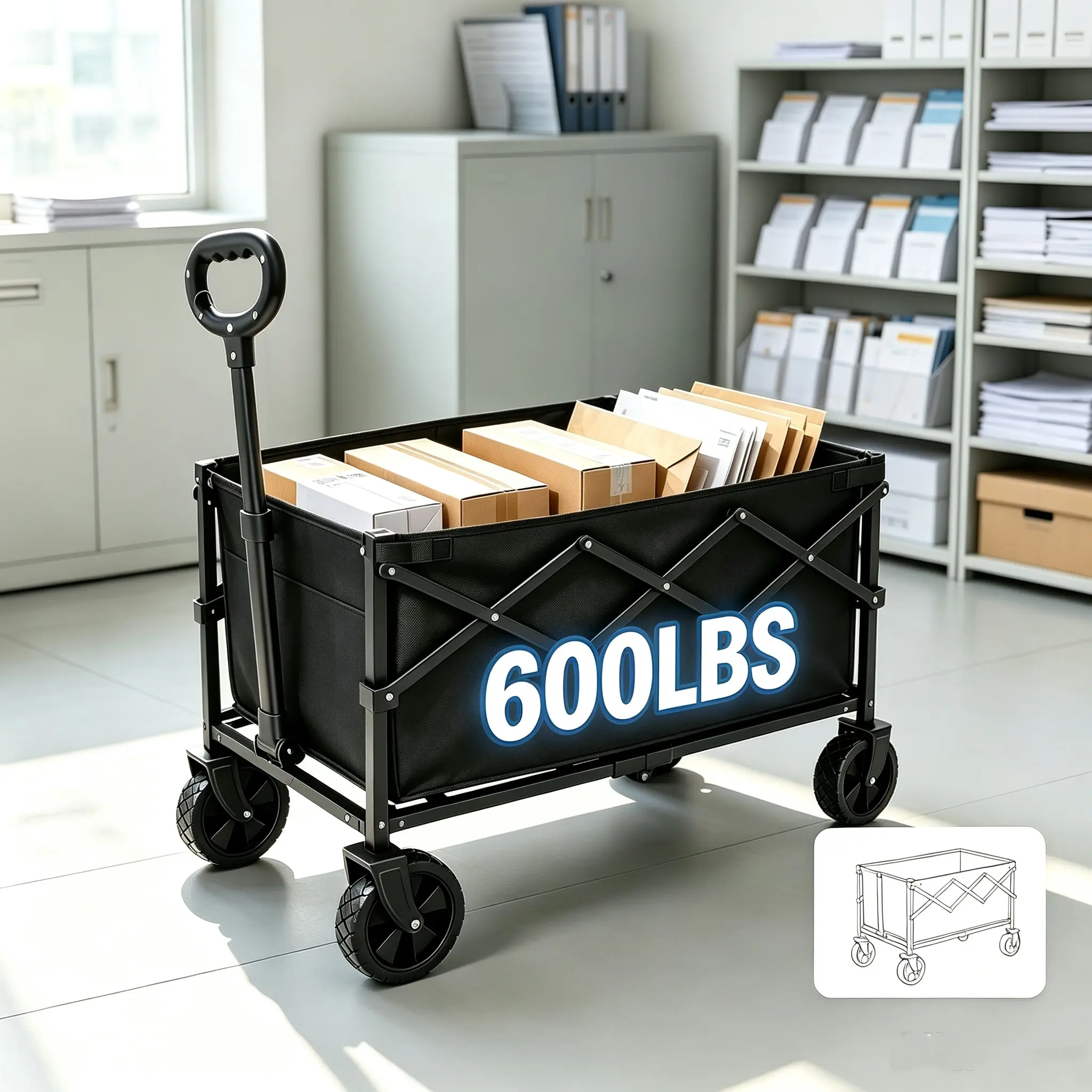 Mail Cart, Collapsible Heavy-Duty Utility Wagon with 4 Swivel All-Terrain Wheels, Large Oxford Cloth Storage Cart for Mail Room Packages Files Workplace Supplies