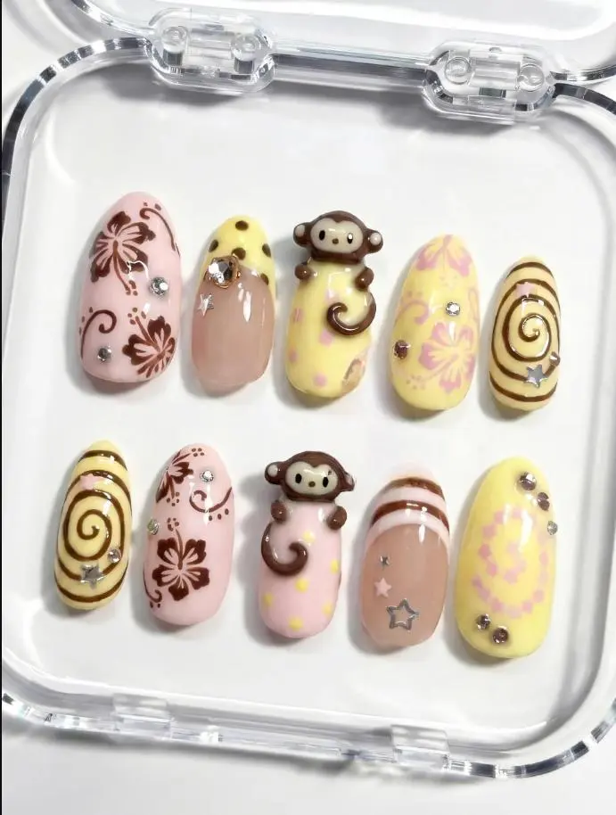 Y2K Tropical Press On Nails 3D Monkey and Pink Hibiscus Flowers, Summer Nail Art