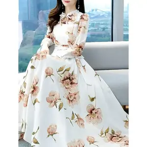 Women's Elegant Floral Print A-line Dress V-neck Pleated Waist Details Slimming Effect Long Elegant Skirt Casual Fabric Summer White Polyester Womenwear Flower Ruffled