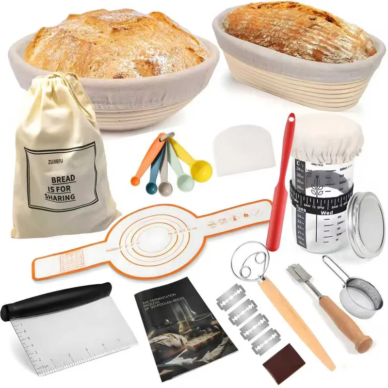 Artisanal Sourdough Starter Kit for Beginners & Bread Lovers - Durable Kitchen Bakeware, Essential Baking Tools with 24oz Non-Toxic Glass Jar, 9" Round/10" Oval Rattan Bannetons, Whisk, Dough Scraper, Measuring Spoons, Temp-Guided Rise Guide