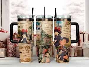 Studio Ghibli Kiki's Delivery Service Vintage Scrapbook Collage Tumbler - 40oz Insulated Stainless Steel Travel Mug with Handle & Straw - Featuring Kiki, Jiji the Black Cat & Classic Anime Quotes for Miyazaki Fans