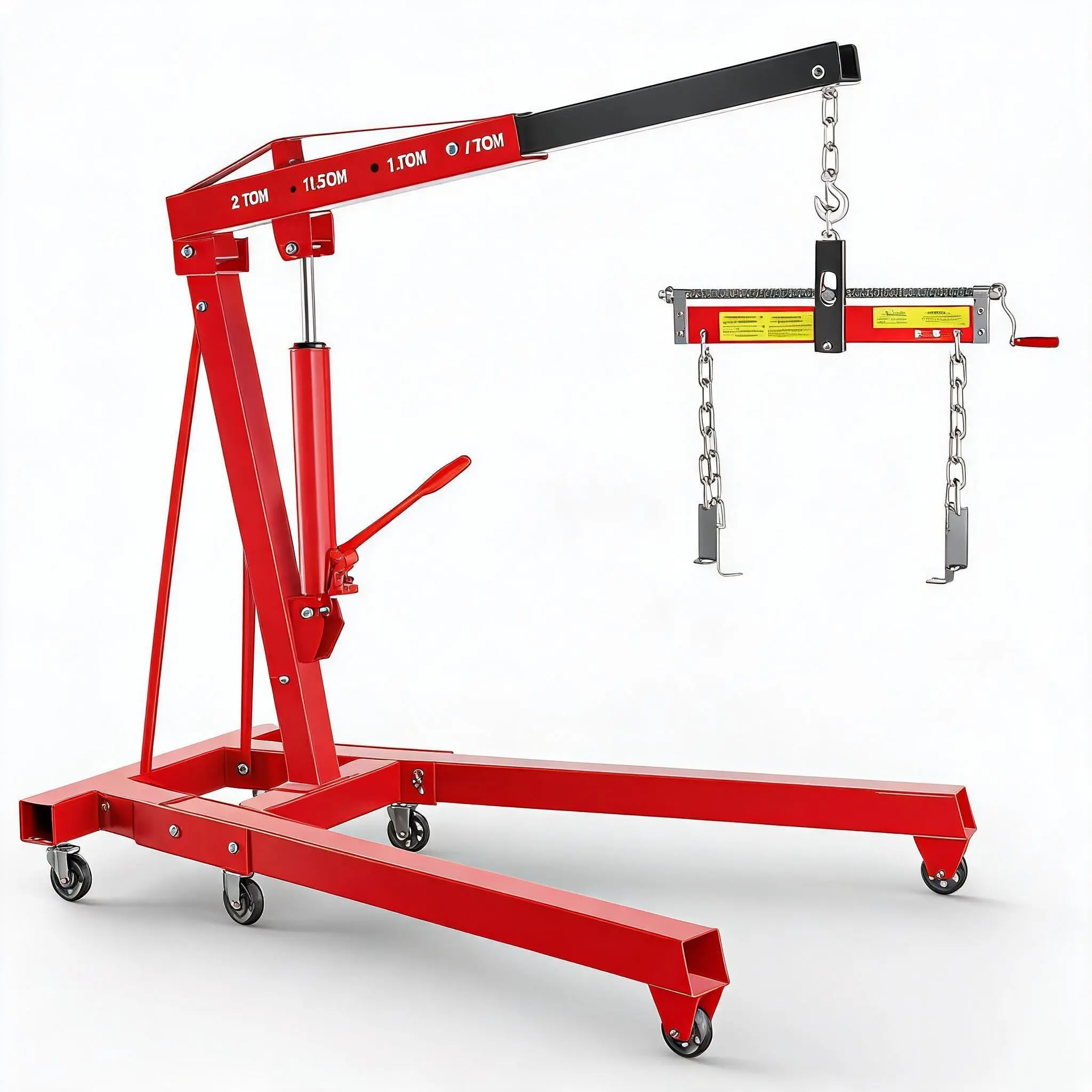 Garvee 2 Ton Heavy-Duty Hydraulic Engine Hoist – 4400 lbs Folding Cherry Picker Crane with Adjustable Boom, Load Leveler & 6 Swivel Casters for Garage Workshop – Red-Black with Balancing Bracket