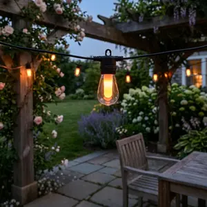 BACKYARD FOX 19.7FT LED Solar Outdoor String Lights, Flickering Flame Effect Patio Lights, Dimmable Shatterproof Bulbs for Backyard, Porch, Garden, Christmas Holiday Festive Decorations