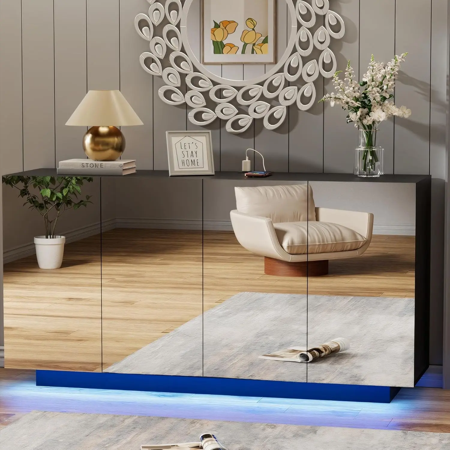 Anbuy Buffet Cabinet Mirror with Storage Black Sideboard with Storage Coffee Bar with Lights & Charging Station Kitchen LED 57.87'' Buffet Cabinet with Mirror Doors for Bedroom, Living Room Standing Shoe Storage for Entryway, Apartments, Hallway Black