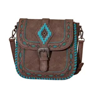 Turquoise Boho Western Aztec Cut-Out Crossbody Bag - Vintage Buckle Purse with Whipstitch Trim for Cowgirl Style Montana West Western Aztec Cut-Out Crossbody Bag – Coffee
