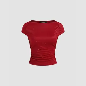 Cider [2 colors, size 2-26] Boat Neck Rhinestone Ruched Short Sleeve Tee