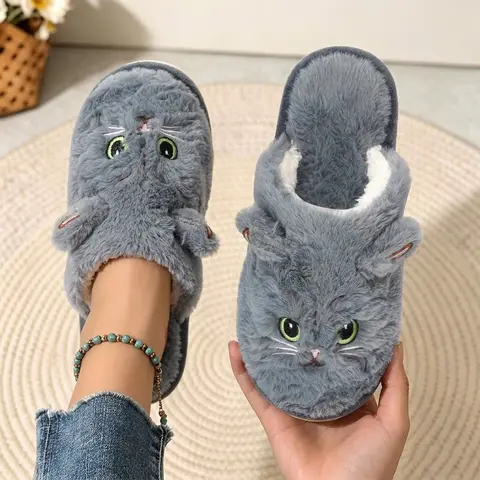 Women's Kemonomimi Paw 3D Super Fluffy Cute Cartoon Big-Eyed Cat Ear Plush Slippers, Slip-On Cozy Indoor Wear, Soft Non-Slip Sole Fall-Winter Home Shoes