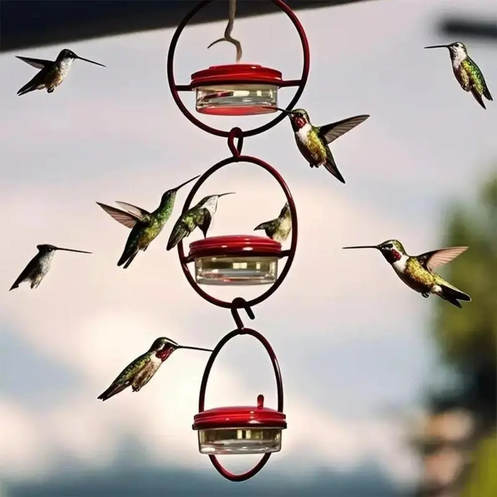 3Pcs Hanging Hummingbird Feeders with Bird Feeder Station, Red Transparent Plastic Bottle, Built-In Perches, Durable Metal Structure, Leakproof Easy-Clean Wild Bird Container for Outdoor Backyard Decor
