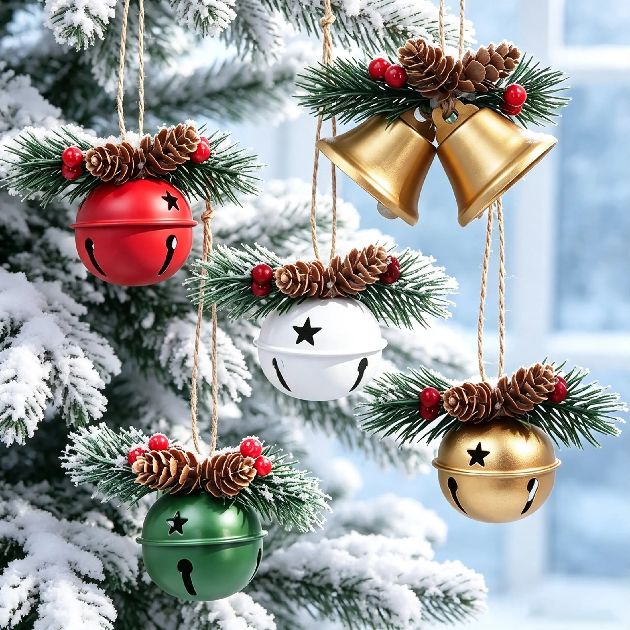 5 Pack Rustic Christmas Bell Ornaments with Pinecones & Berries - Metallic Hanging Decor for Christmas Tree,Mantel,Home (Green,Gold,Red,White)