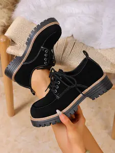 Academic Style Thick Sole Lace-Up Shoes, Velvet Low Top Work Boots, Casual Butterfly Pattern, Spring & Fall, Women's Comfortable Shoes