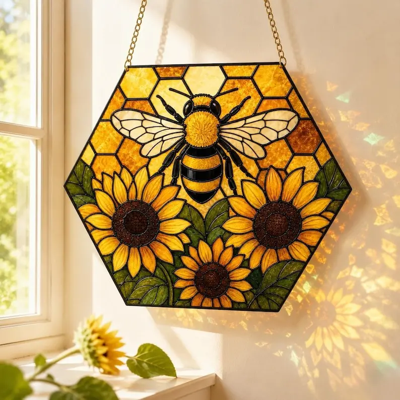 Cottagecore Honeybee Sunflower Hexagon Stained Glass Suncatcher, Vibrant Yellow Window Hanging Panel, Acrylic Boho Sun Catcher Ornament, Garden Lover Gift Decor