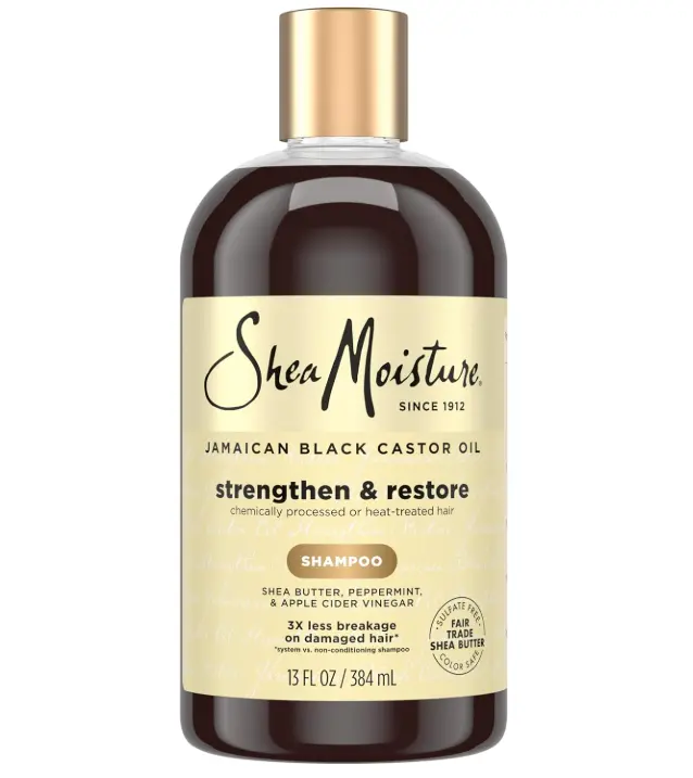 Shea Moisture Strengthen and Restore Shampoo for Damaged Hair 100% Pure Jamaican Black Castor Oil Cleanse and Nourish 13 oz | For damaged hair - remove build up, strengthen, and restore hair with Shea Butter, Peppermint, and Apple Cider Vinegar.