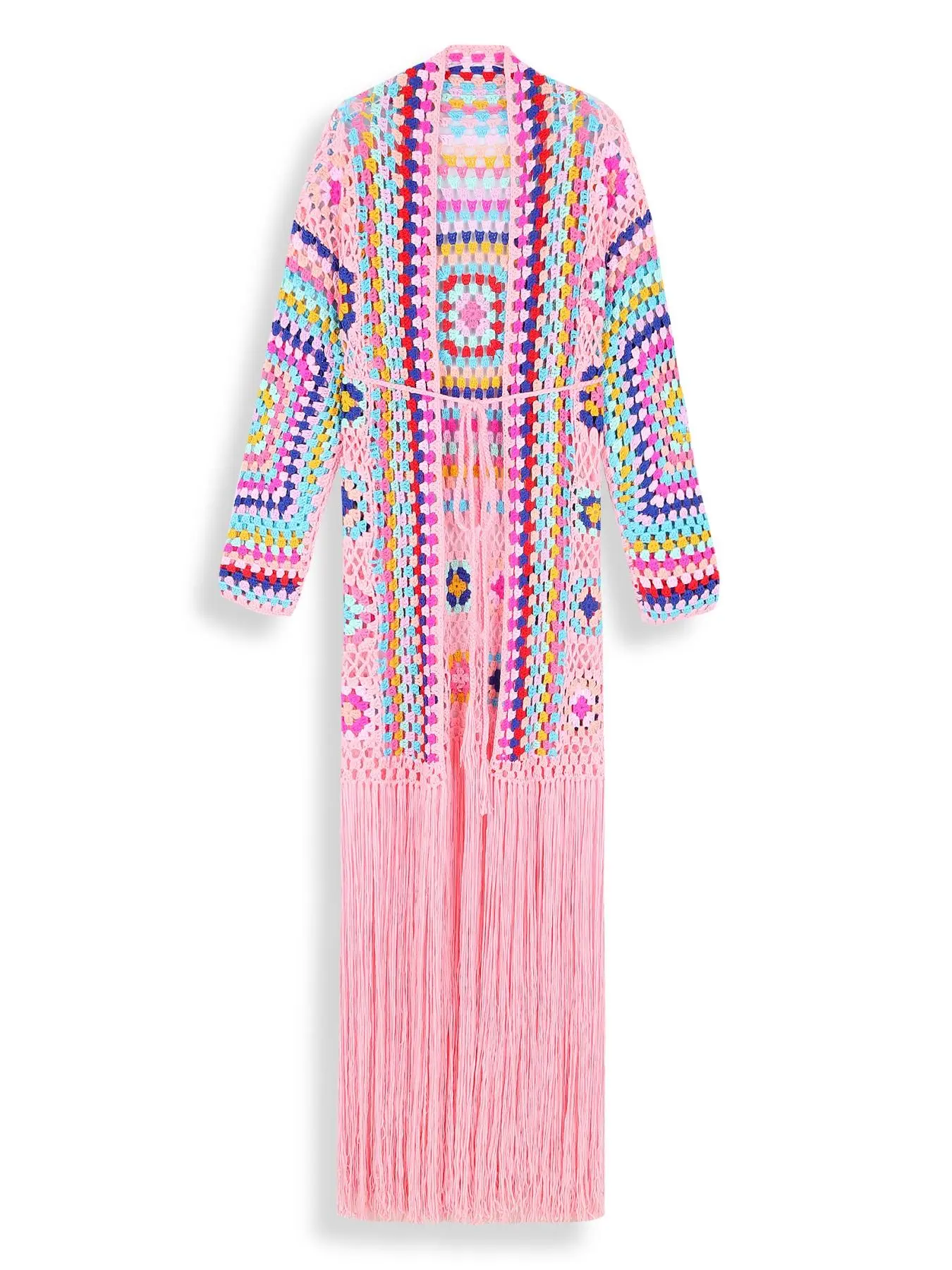 [Plus Size] Women's Ethnic Pattern Belted Wrap Fringe Longsleeves Cardigan, Boho Casual Hollow Out Long Sleeve V Neck Knitwear, Ladies Clothes for Beach Vacation, Lightweight Knitwear, Womenswear