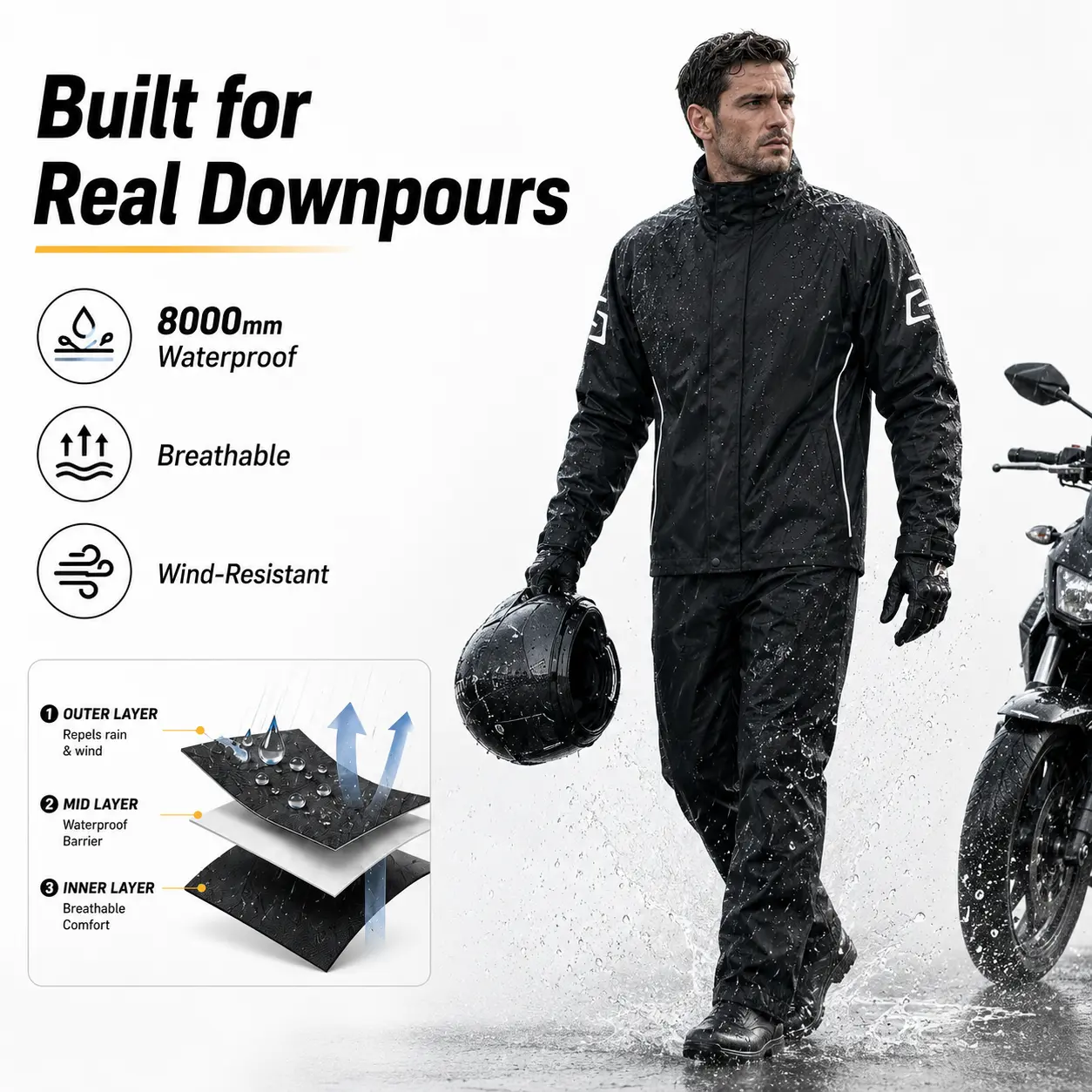 Men's Waterproof Raincoat Sets - Solid Black Top + Pants, Plus Size Long-Sleeve, Windproof Motorcycle Gear for Riders, Lightweight Full-Body Heavy Downpour Protection (Large)