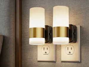 2-pack dimmable LED night lights with dusk-to-dawn sensor. Features 0-100 lumen adjustable brightness and 3000K soft white lighting.