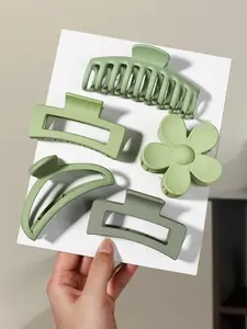 5pcs value combination of 5 light green hairpins, flower curved square hybrid set! Non-slip and durable grip clip, girly simple ins style headwear, Flower Hair Clips Hair Claws
