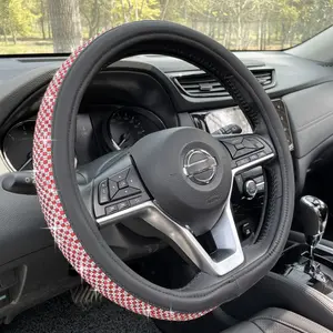D Shaped Bling Comfy Steering Wheel Cover With Crystal Rhinestones  Anti-slip Leather Flat Bottom 14.5-15 Inch (red)