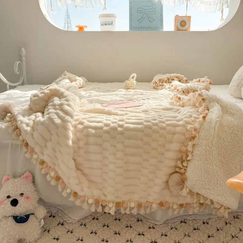 Cream Fax Rabbit Fur Throw Blanket for Couch, Warm Plush Pom Pom Blanket Throw, Ivory Fuzzy Sofa Throw,Soft Cozy Fluffy Blanket with Pom Poms And Tassel, Beige, Soft Fleece Blanket, Cozy Chic Blanket