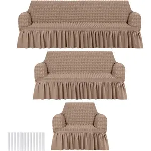 3 Pcs Sofa Slipcover Set for Couch Cushion Washable High Elastic Stretchable Furniture Couch Covers with Skirt for Sofa Loveseat Arm Chair(Khaki,Seersucker)