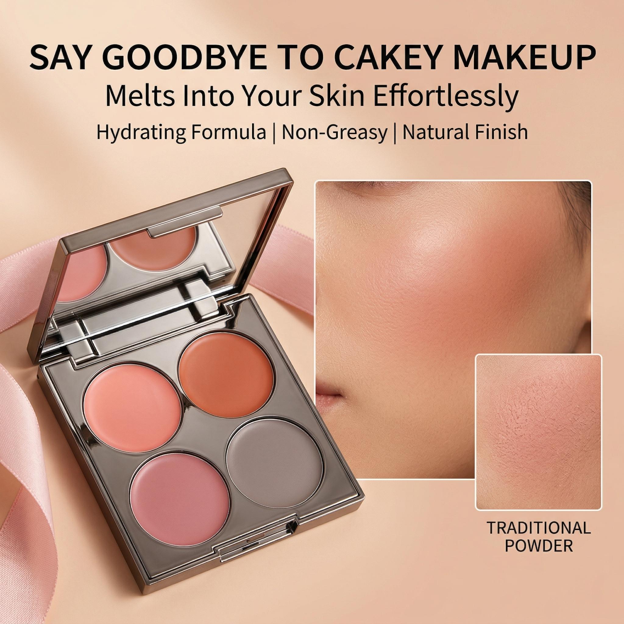 This 4-color blush cream palette is a game-changer for a natural, dewy flush. Buttery-soft texture blends seamlessly without caking or fading—perfect for busy mornings! Shades range from rosy pink to warm terracotta, suiting every skin tone and occasion.