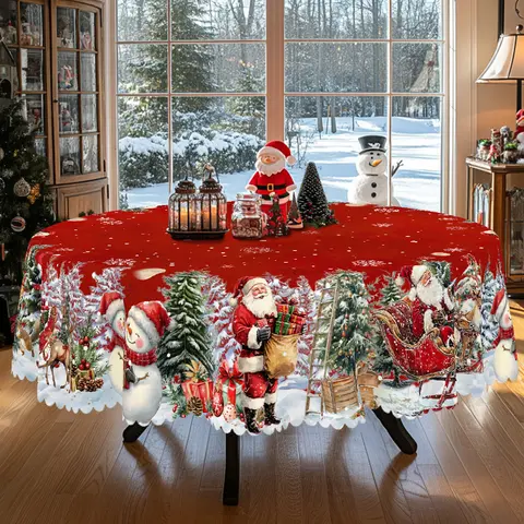 XEXSIN 1pc Polyester Vintage Christmas All-Over Print Tablecloth - Detailed Santa-Reindeer,Snowflake Patterns,Rectangular/Round Festive Home Decor, Celebration Supply, Gift for Decorating Needs