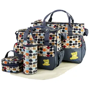 5-Piece Diaper Bag Set — Multi-Pocket Baby Travel Tote + Bottle Holder + Changing Pad (New Mom Essentials)