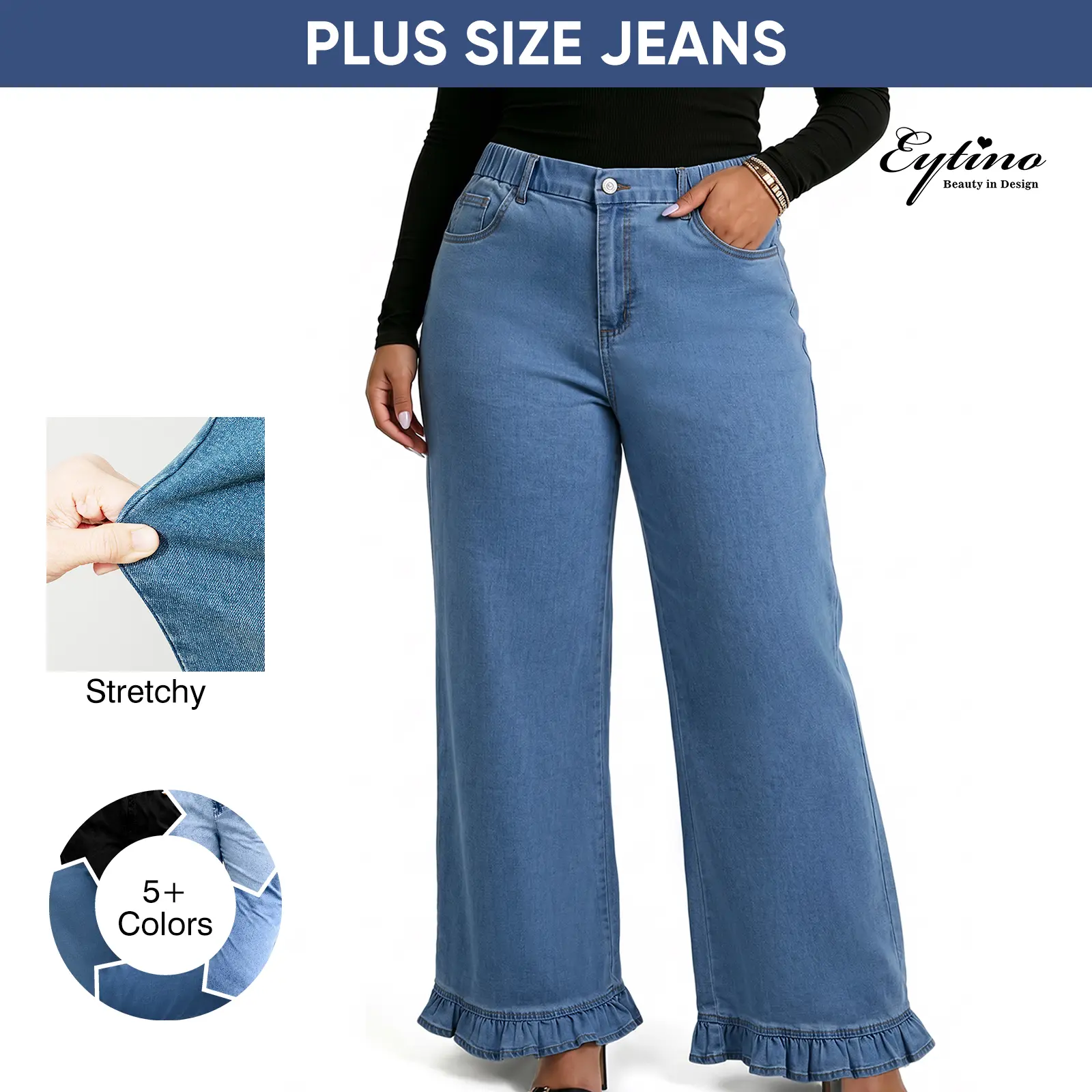 Eytino Womens Plus Size Elastic High Waist Pockets Wide Leg Ruffled Hem Casual Jeans (1X-5X)