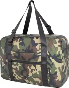 Small Duffle Bag for Men Women, Mini Gym Bag Foldable Travel Tote Carry On Luggage with Trolley Sleeve, Green Camo