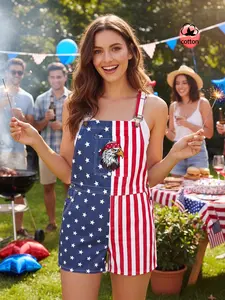 Women's American Flag Element Loose Jeans Overall Shorts, Star Striped Print, Eagle Embroidery, Large Pockets, Independence Day Theme