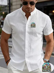 Men's Casual Stand Collar Shirt, Casablanca Moroccan City Print, Lightweight Breathable Fabric, Ideal for Beach, Yacht, Streetwear, Gift, Menswear