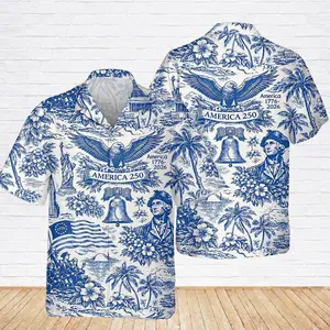 Retro Blue Pattern Hawaii 250 Years of Freedom 1776 - 2026 Eagle Patriotic Shirt Statue Of Liberty, US Flag, Liberty Bell, Anniversary Hawaiian Shirt W7F