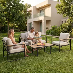4 Piece Patio Furniture Set, Outdoor Conversation Set with Coffee Table, Weather-Resistant Bistro Set with Detachable Cushion for Backyard Balcony Poolside Garden