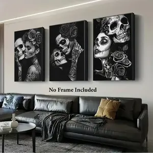 Gothic Kiss Ghost Couple Halloween Poster Set, Unframed Artistic Canvas Wall Decor, Three-Piece Gothic Style Wedding Decoration Art