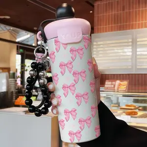 600ML Insulated Cup with Beaded Bracelet, Leakproof Insulated Tumbler, Bow Pattern Stainless Steel Mug, Leak-Proof Durable Coffee Cup for Travel