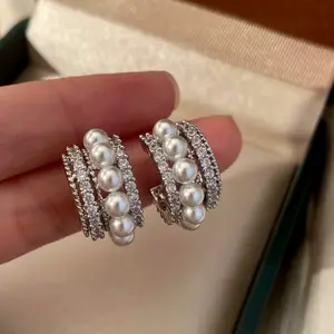 French Style Layered C-Shaped Pearl Zircon Earrings shell pearl