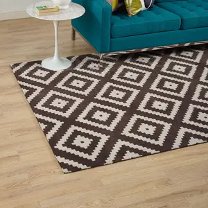 Modway Alika Abstract Diamond Trellis 5x8 Area Rug in Ivory and Brown