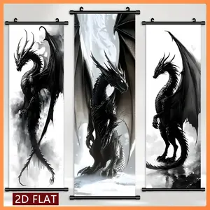 2D Flat 3-Piece Set Fantasy Dragon Ink Scroll Art, Stylized Scales & Sharp Claws, Ideal for Study Room Decor