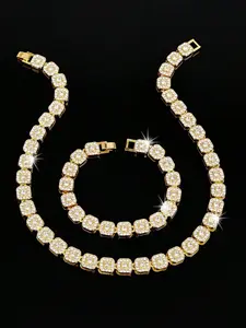 Men Women Street Party Jewelry Set, Square Full Drill Water Diamond Cuban Link Chain Necklace Bracelet, Unique Fashion Accessory, Complete Accessories Set, Elegant Jewelry Set