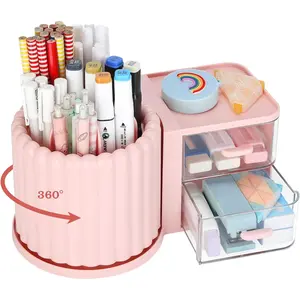 Rotating Office Desk Organizers and Accessories with 2 Drawer, Pencil Pen Marker Holder for Desk, Desktop Storage Organizers and Accessories for Office  Art Supplies ()