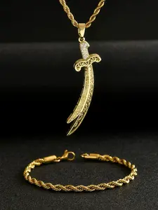 Abi Talib Pendant Necklace Bracelet Set, Stainless Steel Sword Necklace Bracelet Men Women Zulfiqar Sword Necklace Imam Ali Zulfiqar Pendant Arabic Runes Islamic Muslim Jewelry Amulet Religious Gift Symbolism