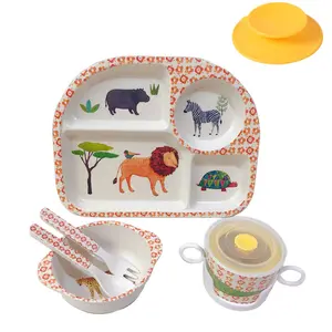 shopwithgreen 7Pcs/Set Bamboo Kids Dinnerware Set - Children Dishes - Food Plate Bowl Cup Spoon Fork Set Dishware, Cartoon Tableware, Dishwasher Safe Kids Healthy Mealtime, BPA Free